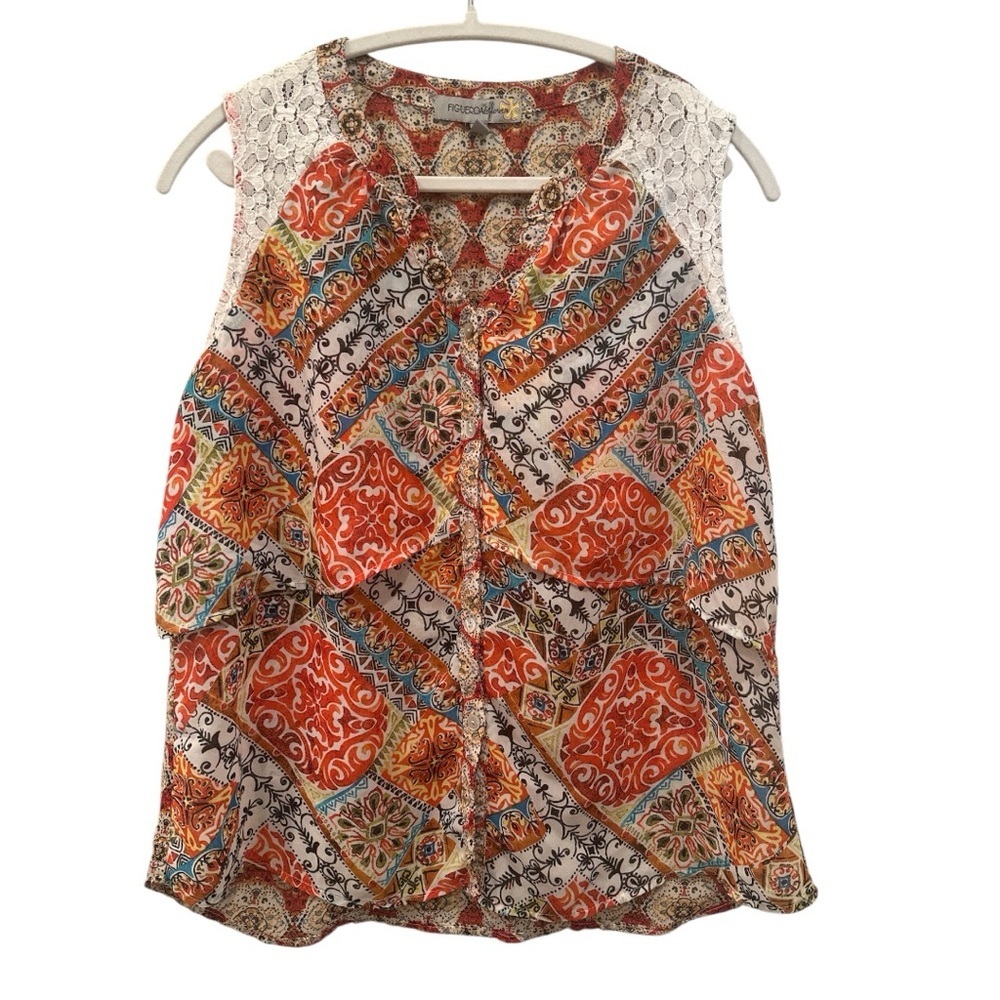 Fig and Flower Sleeveless Blouse Boho Lace Petite XL Lightweight Pearl Button